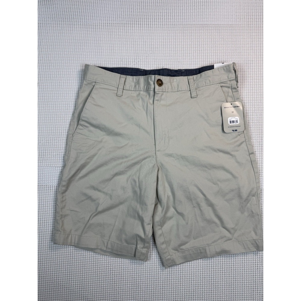 George Khaki Shorts Mens 30 9 Inseam Stretch Flat Front Chino Beige NWT